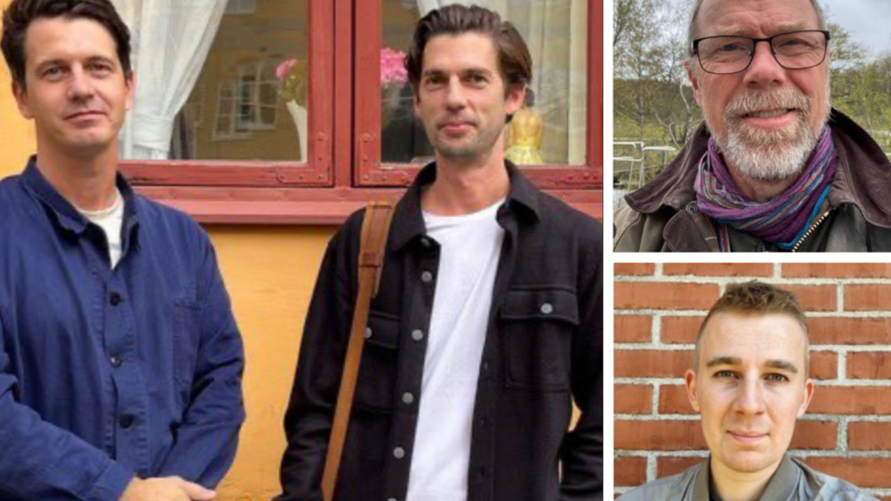 Egil Söderin och Anton Borgström (tv) och Jan Lindsten (överst th) och Lukas Frisell (nederst th) tilldelas 2024 år Klimatjournalist-pris för sin granskning av Tankesmedjan Timbros kopplingar till oljebolaget Exxon.