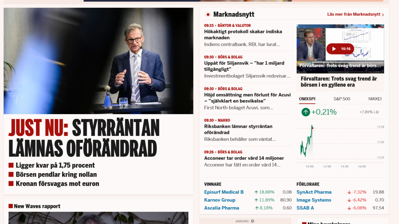 Skärmbild från di.se klockan 10.40.