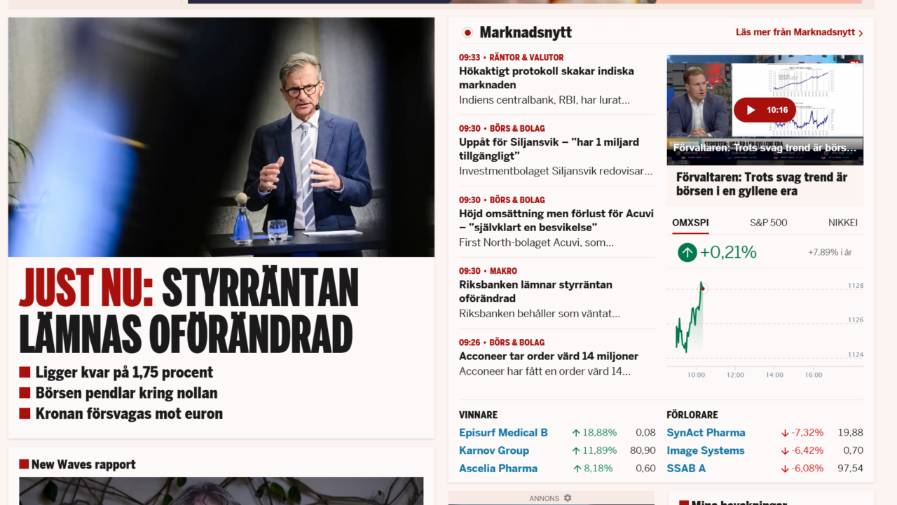 Skärmbild från di.se klockan 10.40.